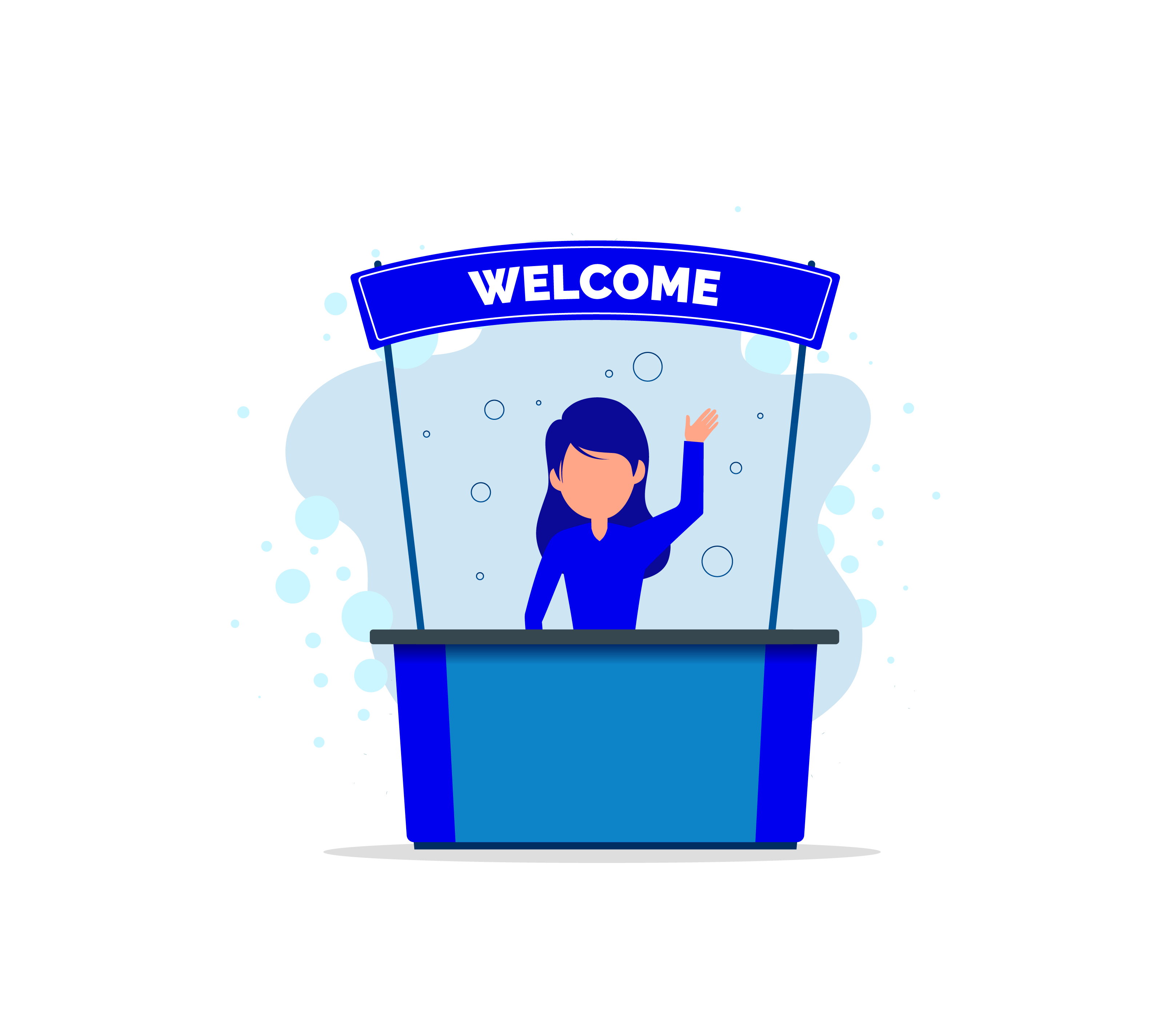 Digital image of blue stand with a person waving. Sign says Welcome