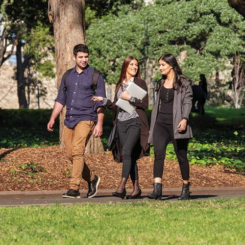 Group of 3 people walking and talking outside, in a park.